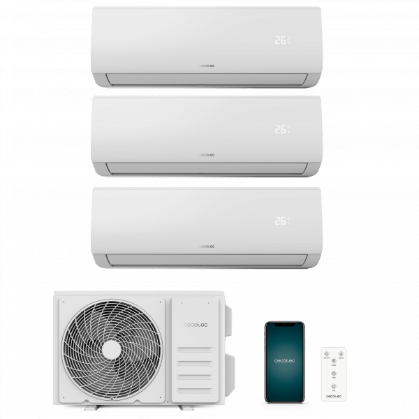 AirClima 27000 Multi Connected Aire acondicionado multi split compuesto por tres unidades interiores, dos de 9000 BTU y otra de 12000 BTU, más una unidad exterior de 27000 BTU.