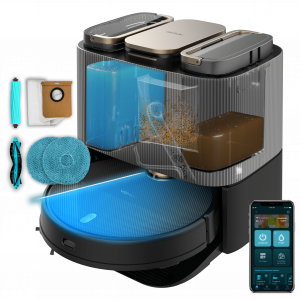 Conga 13090 Spin Evolution Home&Wash Robot aspirador Base 4 en 1. Cuenta con tecnología láser.  Incluye 2 cepillos centrales intercambiables: uno mixto y uno de silicona, óptimo para pelo de mascotas. Mopas giratorias. Cepillo lateral. App y c...