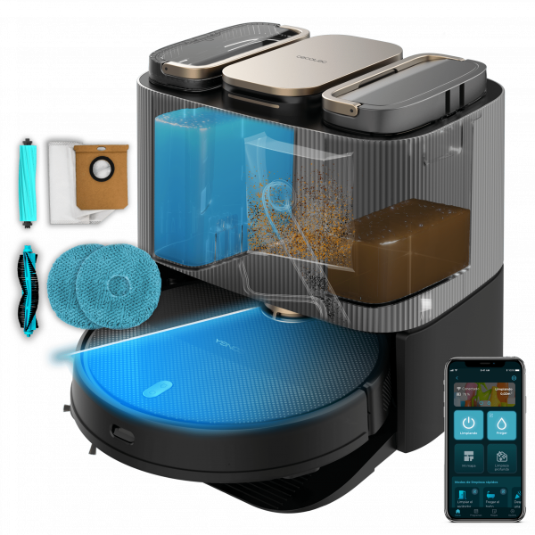 Conga 13090 Spin Evolution Home&Wash Robot aspirador Base 4 en 1. Cuenta con tecnología láser.  Incluye 2 cepillos centrales intercambiables: uno mixto y uno de silicona, óptimo para pelo de mascotas. Mopas giratorias. Cepillo lateral. App y c...