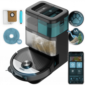Conga 16090 AI SpinArm Home&Wash Robot aspirador con tecnología láser de navegación y detección de objetos. Base de autovaciado con tanques de polvo y agua, limpieza y secado de mopas. Cepillo de silicona. Mopas giratorias y elevables. Cepillo...