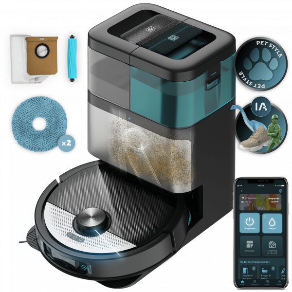 Conga 16090 AI SpinArm Home&Wash Robot aspirador con tecnología láser de navegación y detección de objetos. Base de autovaciado con tanques de polvo y agua, limpieza y secado de mopas. Cepillo de silicona. Mopas giratorias y elevables. Cepillo...