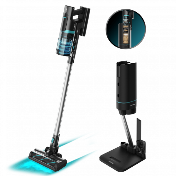 Conga Rockstar 10000 Nebula Station Aspirador escoba sin cables sin bolsa 3 en 1 con ciclón paralelo y base de autovaciado. Potencia de 450 W, 30 kPa y 70 minutos de autonomía. Tubo rígido extensible y cepillo mixto.