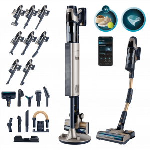 Conga Rockstar 11500 Odyssey Station Connected IA Aspirador escoba sin cable con base de autovaciado. 300 AW y 850 W. Tubo flexible. Inteligencia Artificial y contador de partículas. APP. Cepillo de animales y accesorio WaterTank de fregado.