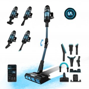 Conga Rockstar 9500 Connected Ergowet 3000 IA Aspirador escoba sin cables sin bolsa con Inteligencia Artificial. Potencia de 680 W. Autonomía de 90 minutos. Cepillo Jaliscazo. 26 kPa de succión. Tubo flexible. APP. Amplio Kit profesional de limpieza.