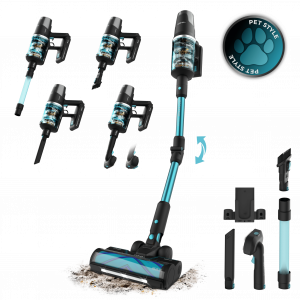 Conga Rockstar 9500 Lunar Pet Flex Aspirador vertical con Máxima potencia de succión de 300 AW y ultrapotencia de 780 W. 90 minutos de autonomía. Cepillo HairLess antienredos. Tubo flexible y kit de accesorios completo. Incluye cepillo para animales.