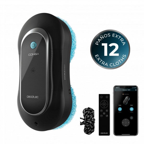 Conga Windroid 1090 Double Spray Connected Robot limpiacristales 3 en 1: pulveriza,  limpia y seca. Pulveriza con spray en cada lateral. 8 modos de limpieza. Incluye app y mando para un control total de movimiento. 12 mopas. Limpia en distintas su...
