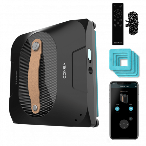 Conga Windroid 1390 Double Spray Connected Robot limpiacristales 3 en 1: pulveriza,  limpia y seca. Pulveriza con spray en cada lateral. 8 modos de limpieza. Incluye app y mando para un control total de movimiento. 4 mopas. Limpia en distintas sup...