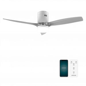 EnergySilence Aero 5285 Sun WhiteTransparent Ventilador de techo de 40 W y 52” con mando a distancia, control por wifi y mando a distancia, protección IP44, 6 velocidades, 3 aspas, modo winter-summer y temporizador de hasta 8 horas.