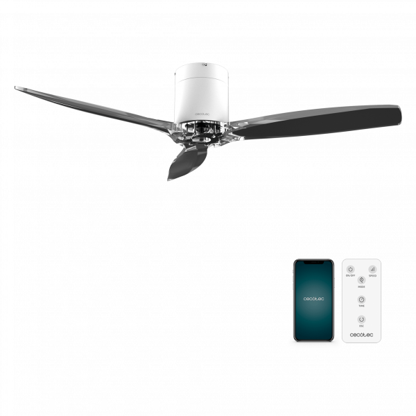 EnergySilence Aero 5285 WhiteTransparent Ventilador de techo de 40 W y 52” con mando a distancia, control por wifi y mando a distancia, protección IP44, 6 velocidades, 3 aspas, modo winter-summer y temporizador de hasta 8 horas.