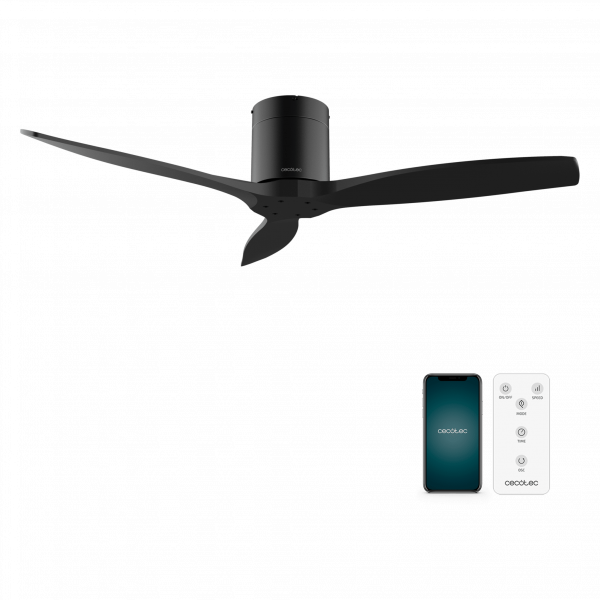 EnergySilence Aero 5500 Aqua Black&Black Connected Ventilador de techo de 40 W y 52” con mando a distancia, control por wifi y mando a distancia, protección IP44, 6 velocidades, 3 aspas, modo winter-summer y temporizador de hasta 8 horas.