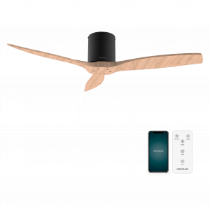 EnergySilence Aero 5500 Aqua Black&LightWood Connected Ventilador de techo de 40 W y 52” con mando a distancia, control por wifi y mando a distancia, protección IP44, 6 velocidades, 3 aspas, modo winter-summer y temporizador de hasta 8 horas.