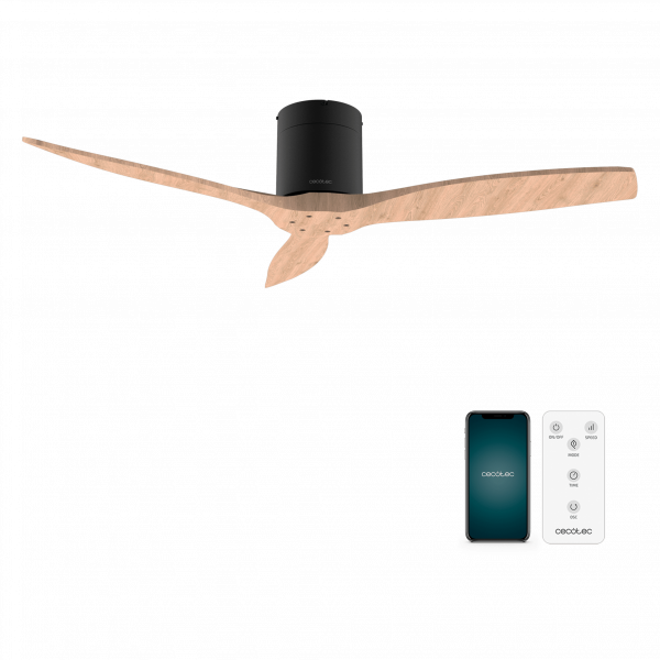 EnergySilence Aero 5500 Aqua Black&LightWood Connected Ventilador de techo de 40 W y 52” con mando a distancia, control por wifi y mando a distancia, protección IP44, 6 velocidades, 3 aspas, modo winter-summer y temporizador de hasta 8 horas.