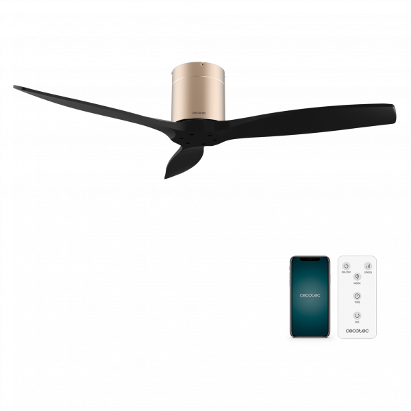 EnergySilence Aero 5500 Aqua GoldBlack Connected Ventilador de techo de 40 W y 52” con mando a distancia, control por wifi y mando a distancia, protección IP44, 6 velocidades, 3 aspas, modo winter-summer y temporizador de hasta 8 horas.