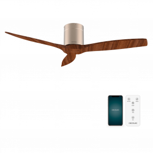 EnergySilence Aero 5500 Aqua GoldDarkWood Connected Ventilador de techo de 40 W y 52” con mando a distancia, control por wifi y mando a distancia, protección IP44, 6 velocidades, 3 aspas, modo winter-summer y temporizador de hasta 8 horas.