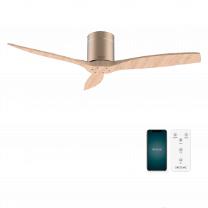 EnergySilence Aero 5500 Aqua GoldLightWood Connected Ventilador de techo de 40 W y 52” con mando a distancia, control por wifi y mando a distancia, protección IP44, 6 velocidades, 3 aspas, modo winter-summer y temporizador de hasta 8 horas.