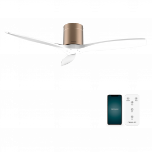 EnergySilence Aero 5500 Aqua GoldWhiteWood Connected Ventilador de techo de 40 W y 52” con mando a distancia, control por wifi y mando a distancia, protección IP44, 6 velocidades, 3 aspas, modo winter-summer y temporizador de hasta 8 horas.