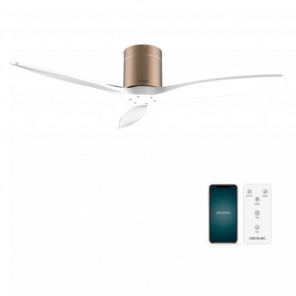 EnergySilence Aero 5500 Aqua GoldWhiteWood Connected Ventilador de techo de 40 W y 52” con mando a distancia, control por wifi y mando a distancia, protección IP44, 6 velocidades, 3 aspas, modo winter-summer y temporizador de hasta 8 horas.
