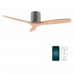 EnergySilence Aero 5500 Aqua IronLightWood Connected Ventilador de techo de 40 W y 52” con mando a distancia, control por wifi y mando a distancia, protección IP44, 6 velocidades, 3 aspas, modo winter-summer y temporizador de hasta 8 horas.