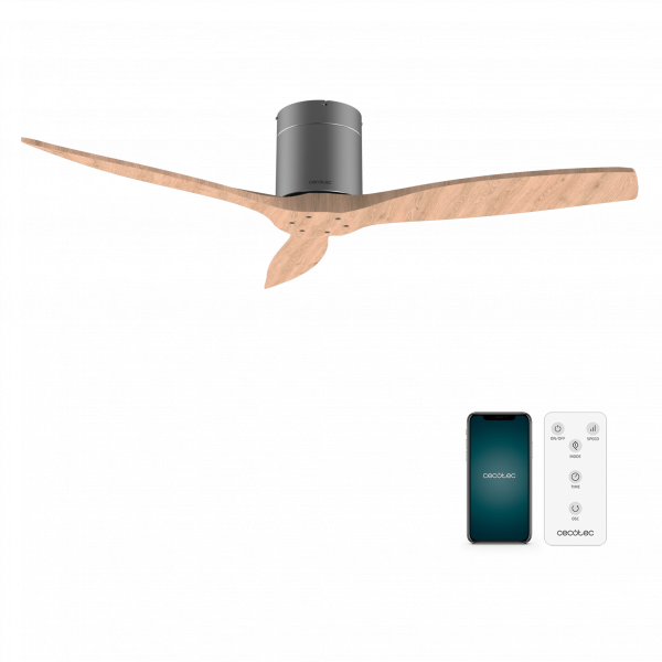 EnergySilence Aero 5500 Aqua IronLightWood Connected Ventilador de techo de 40 W y 52” con mando a distancia, control por wifi y mando a distancia, protección IP44, 6 velocidades, 3 aspas, modo winter-summer y temporizador de hasta 8 horas.