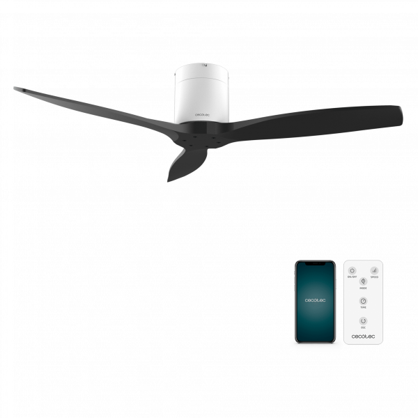 EnergySilence Aero 5500 Aqua White&Black Connected Ventilador de techo de 40 W y 52” con mando a distancia, control por wifi y mando a distancia, protección IP44, 6 velocidades, 3 aspas, modo winter-summer y temporizador de hasta 8 horas.