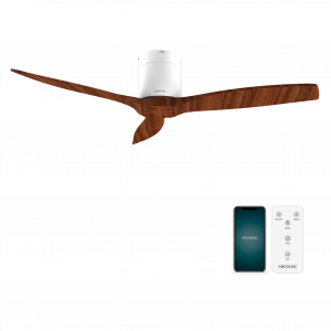 EnergySilence Aero 5500 Aqua WhiteDarkWood Connected Ventilador de techo de 40 W y 52” con mando a distancia, control por wifi y mando a distancia, protección IP44, 6 velocidades, 3 aspas, modo winter-summer y temporizador de hasta 8 horas.