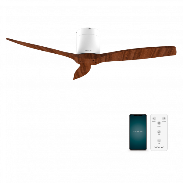 EnergySilence Aero 5500 Aqua WhiteDarkWood Connected Ventilador de techo de 40 W y 52” con mando a distancia, control por wifi y mando a distancia, protección IP44, 6 velocidades, 3 aspas, modo winter-summer y temporizador de hasta 8 horas.