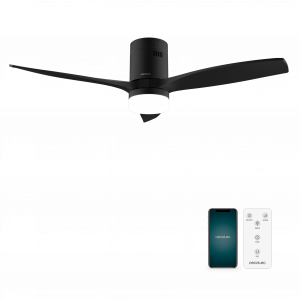 EnergySilence Aero 5600 Aqua Black&Black Connected Ventilador de techo de 40 W y 52” con mando a distancia, control por wifi y mando a distancia, protección IP44, luz, 6 velocidades, 3 aspas, modo winter-summer y temporizador de hasta 8 horas.