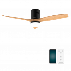 EnergySilence Aero 5600 Aqua Black&LightWood Connected Ventilador de techo de 40 W y 52” con mando a distancia, control por wifi y mando a distancia, protección IP44, luz, 6 velocidades, 3 aspas, modo winter-summer y temporizador de hasta 8 ho...