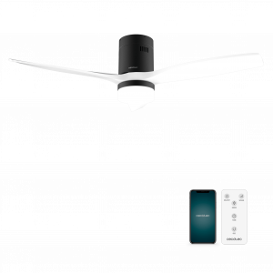 EnergySilence Aero 5600 Aqua Black&White Connected Ventilador de techo de 40 W y 52” con mando a distancia, control por wifi y mando a distancia, protección IP44, luz, 6 velocidades, 3 aspas, modo winter-summer y temporizador de hasta 8 horas.