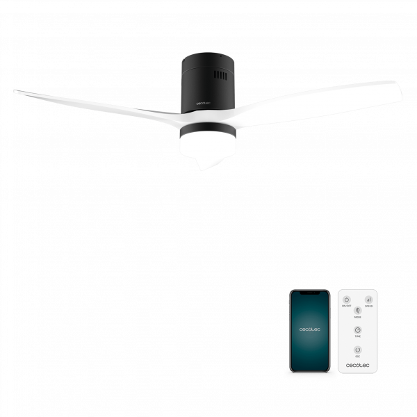 EnergySilence Aero 5600 Aqua Black&White Connected Ventilador de techo de 40 W y 52” con mando a distancia, control por wifi y mando a distancia, protección IP44, luz, 6 velocidades, 3 aspas, modo winter-summer y temporizador de hasta 8 horas.