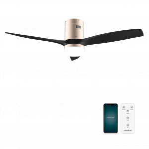 EnergySilence Aero 5600 Aqua GoldBlack Connected Ventilador de techo de 40 W y 52” con mando a distancia, control por wifi y mando a distancia, protección IP44, luz, 6 velocidades, 3 aspas, modo winter-summer y temporizador de hasta 8 horas.