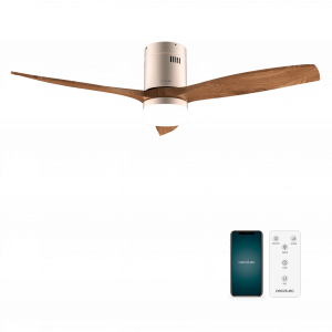 EnergySilence Aero 5600 Aqua GoldDarkWood Connected Ventilador de techo de 40 W y 52” con mando a distancia, control por wifi y mando a distancia, protección IP44, luz, 6 velocidades, 3 aspas, modo winter-summer y temporizador de hasta 8 horas.