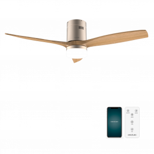 EnergySilence Aero 5600 Aqua GoldLightWood Connected Ventilador de techo de 40 W y 52” con mando a distancia, control por wifi y mando a distancia, protección IP44, luz, 6 velocidades, 3 aspas, modo winter-summer y temporizador de hasta 8 horas.