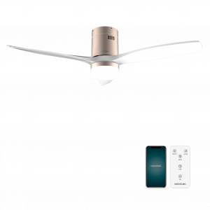 EnergySilence Aero 5600 Aqua GoldWhiteWood Connected Ventilador de techo de 40 W y 52” con mando a distancia, control por wifi y mando a distancia, protección IP44, luz, 6 velocidades, 3 aspas, modo winter-summer y temporizador de hasta 8 horas.