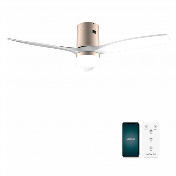 EnergySilence Aero 5600 Aqua GoldWhiteWood Connected Ventilador de techo de 40 W y 52” con mando a distancia, control por wifi y mando a distancia, protección IP44, luz, 6 velocidades, 3 aspas, modo winter-summer y temporizador de hasta 8 horas.