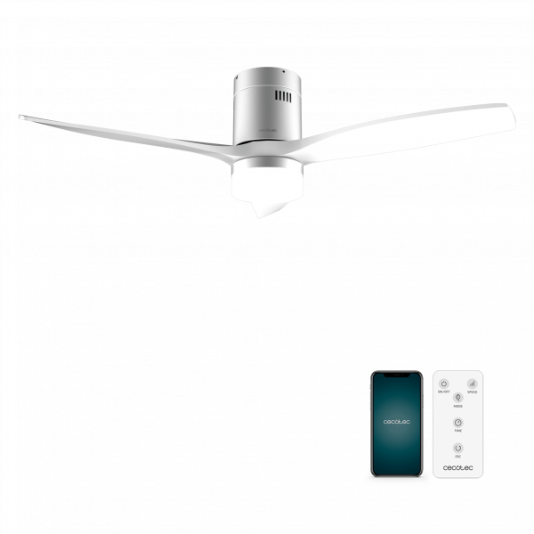 EnergySilence Aero 5600 Aqua IronWhite Connected Ventilador de techo de 40 W y 52” con mando a distancia, control por wifi y mando a distancia, protección IP44, luz, 6 velocidades, 3 aspas, modo winter-summer y temporizador de hasta 8 horas.