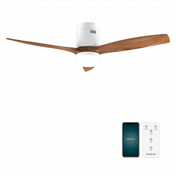 EnergySilence Aero 5600 Aqua WhiteDarkWood Connected Ventilador de techo de 40 W y 52” con mando a distancia, control por wifi y mando a distancia, protección IP44, luz, 6 velocidades, 3 aspas, modo winter-summer y temporizador de hasta 8 horas.