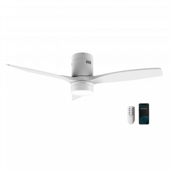 EnergySilence Aero 5600 White Aqua Connected Ventilador de techo de 40 W y 52” con mando a distancia, control por wifi y mando a distancia, protección IP44, 6 velocidades, 3 aspas, modo winter-summer y temporizador de hasta 8 horas.