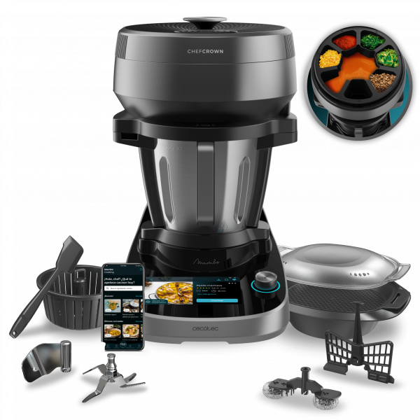 Mambo CooKing Victory Robot de cocina multifunción con dispensador de alimentos. 1700 W, 45 Funciones, Miles de Recetas Guiadas, Jarra Victory de 4,5L, Accesorios: Vaporera o Cesto para Hervir