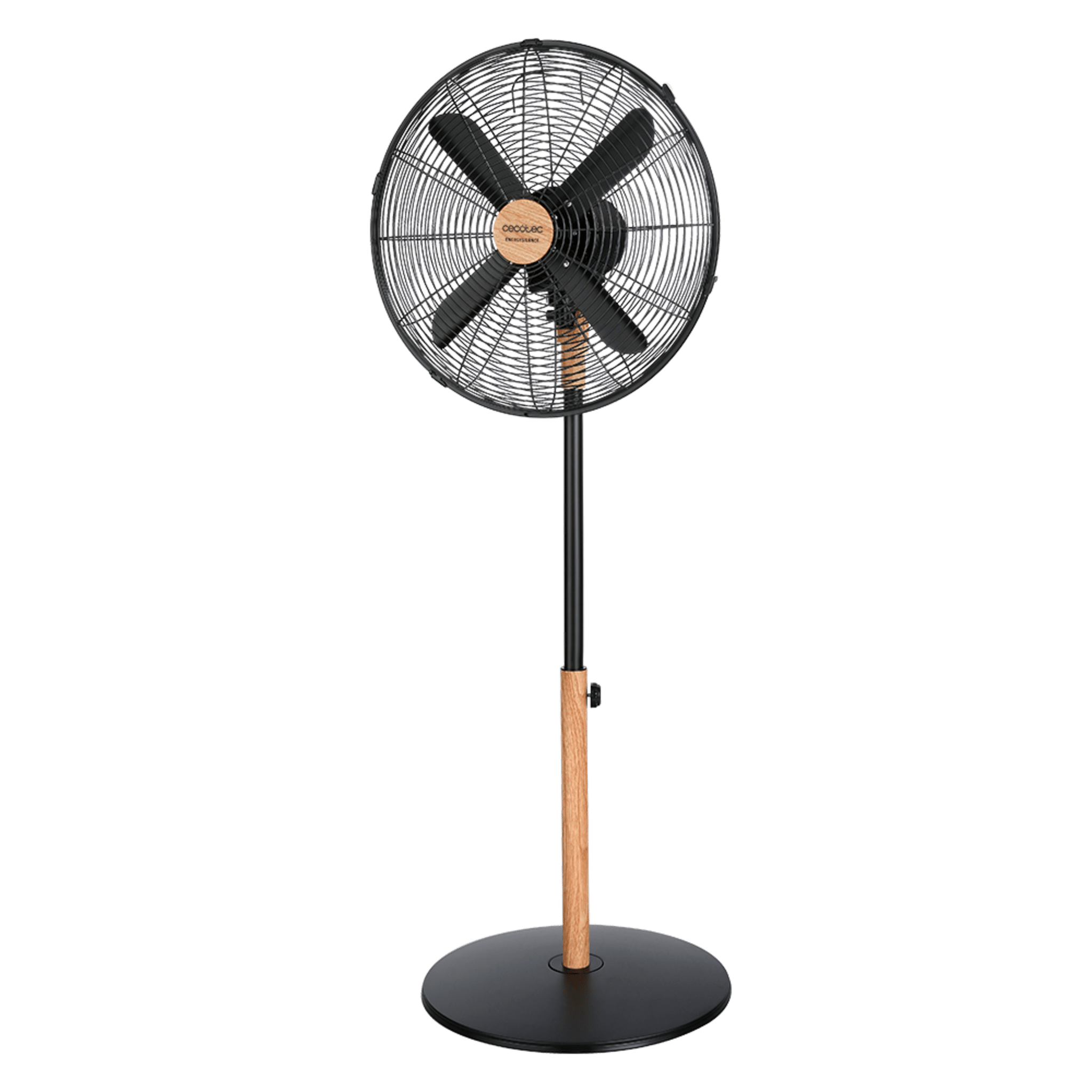 EnergySilence 599 Woodstyle Ventilador de pie con 50 W y acabado en madera, 16 pulgadas, 3 velocidades, oscilación, silencioso, altura ajustable, 4 aspas y máxima seguridad.