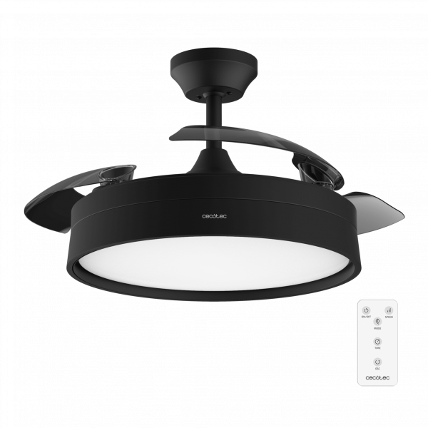 Energysilence Aero 4200 invisible black Ventilador de techo con 3 aspas retráctiles, con motor DC de 35 W,  iluminación LED, temporizador hasta 8 horas, función winter-summer, 6 velocidades, mando a distancia.