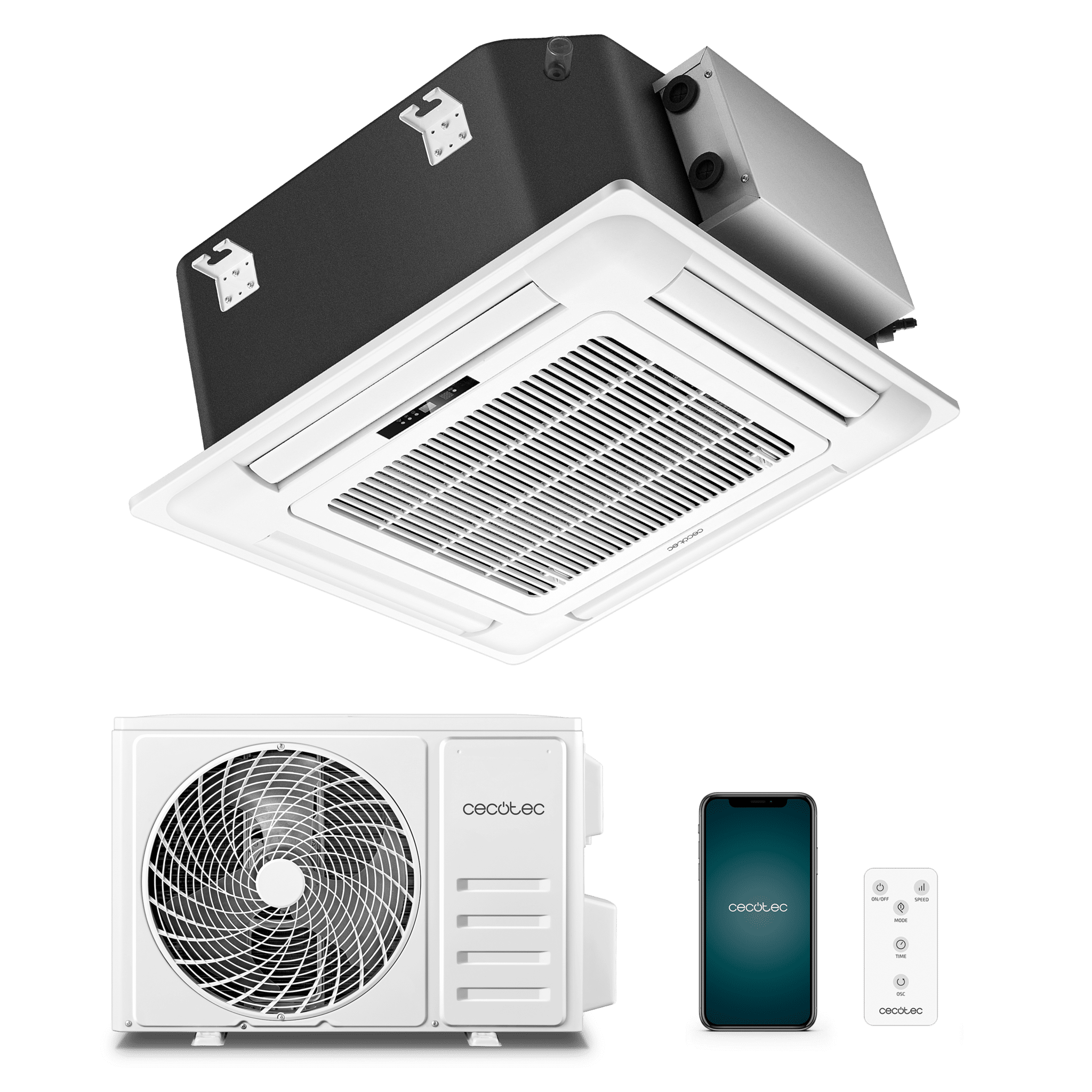 AirClima 12000 Cassette Connected Aire acondicionado de cassette de 12000 BTU con bomba de calor, mando a distancia, pantalla LED y control por wifi. Sistema Inverter. 5 modos y 8 velocidades. Deshumidificación diaria de 24 L/ día y área de cober...