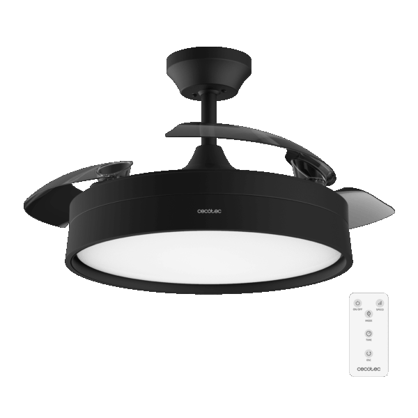 Energysilence Aero 4200 invisible black Ventilador de techo con 3 aspas retráctiles, con motor DC de 35 W,  iluminación LED, temporizador hasta 8 horas, función winter-summer, 6 velocidades, mando a distancia.