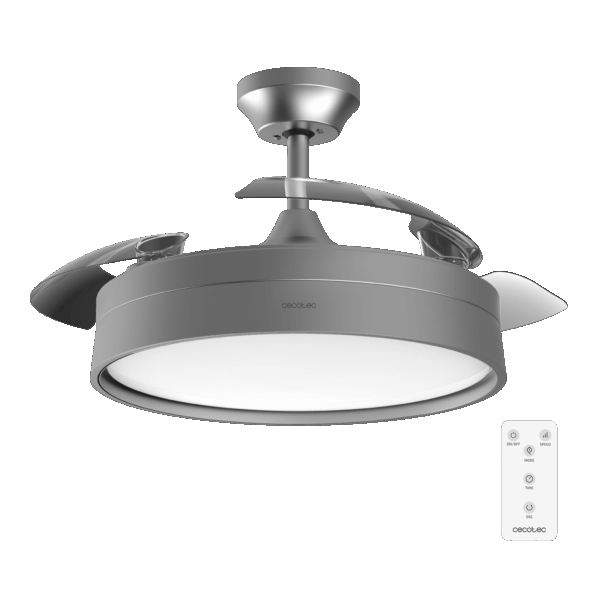 Energysilence Aero 4200 invisible steel Ventilador de techo con 3 aspas retráctiles, con motor DC de 35 W,  iluminación LED, temporizador hasta 8 horas, función winter-summer, 6 velocidades, mando a distancia.