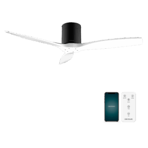 EnergySilence Aero 5500 Aqua Black&White Connected Ventilador de techo de 40 W y 52” con mando a distancia, control por wifi y mando a distancia, protección IP44, 6 velocidades, 3 aspas, modo winter-summer y temporizador de hasta 8 horas.